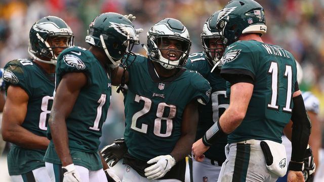 PHILADELPHIA, PA - SEPTEMBER 23: Running back Wendell Smallwood #28 of the Philadelphia Eagles celebrates his game-winning touchdown with teammates Jordan Matthews #80, wide receiver Nelson Agholor #13, quarterback Carson Wentz #11 and center Stefen Wisniewski #61 against the Indianapolis Colts during the fourth quarter at Lincoln Financial Field on September 23, 2018 in Philadelphia, Pennsylvania. The Philadelphia Eagles won 20-16.