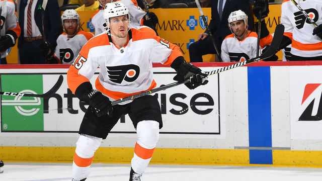 PITTSBURGH, PA - APRIL 11: Jori Lehtera #15 of the Philadelphia Flyers skates against the Pittsburgh Penguins in Game One of the Eastern Conference First Round during the 2018 NHL Stanley Cup Playoffs at PPG Paints Arena on April 11, 2018 in Pittsburgh, Pennsylvania. *** Local Caption ***