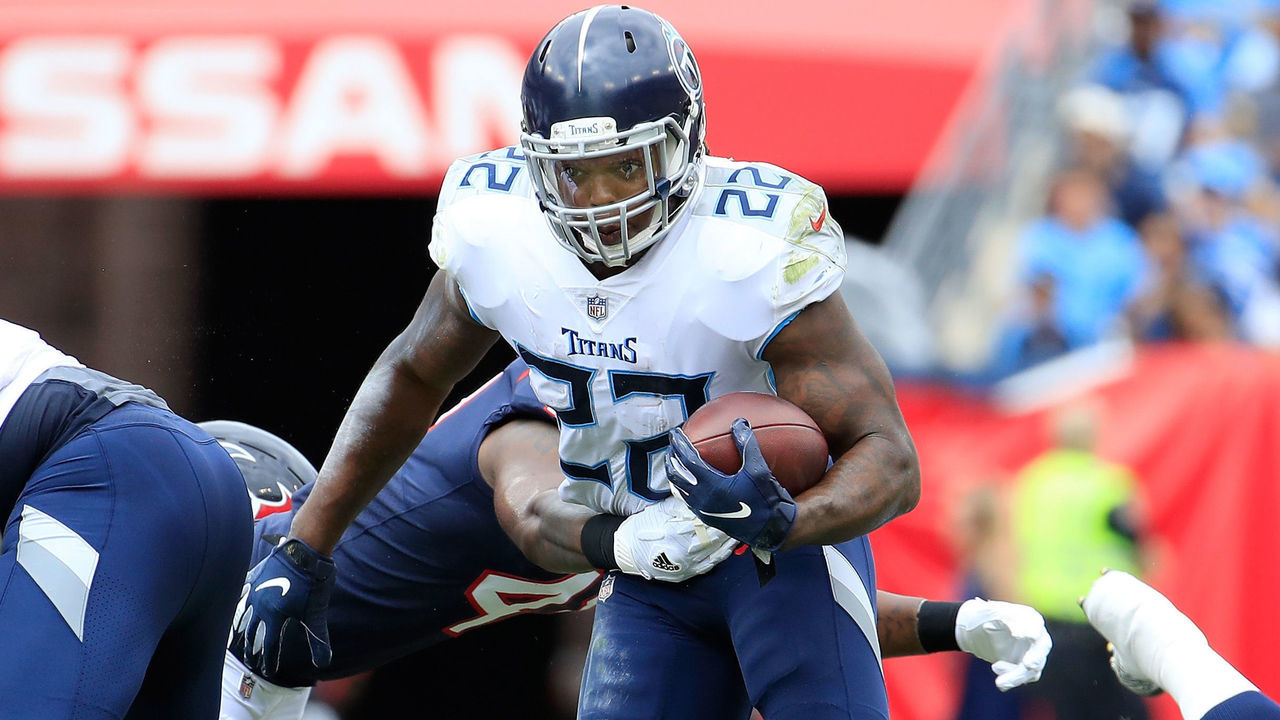 NASHVILLE, TN - SEPTEMBER 16: Derrick Henry #22 of the Tennessee Titans is tackled while running at Nissan Stadium on September 16, 2018 in Nashville, Tennessee.