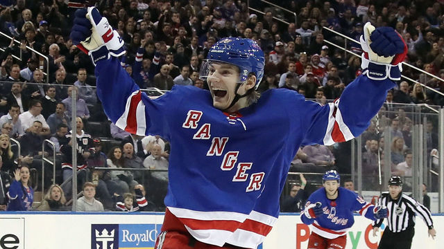 NEW YORK, NY - MARCH 26: Lias Andersson #50 of the New York Rangers celebrates his first NHL goal in his first game at 13:16 of the second period against the Washington Capitals at Madison Square Garden on March 26, 2018 in New York City.