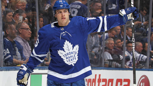TORONTO, ON - APRIL 16: Mitchell Marner #16 of the Toronto Maple Leafs gets set to play against the Boston Bruins in Game Three of the Eastern Conference First Round during the 2018 Stanley Cup Play-offs at the Air Canada Centre on April 16, 2018 in Toronto, Ontario, Canada. The Maple Leafs defeated the Bruins 4-2. *** Local Caption *** Mitchell Marner