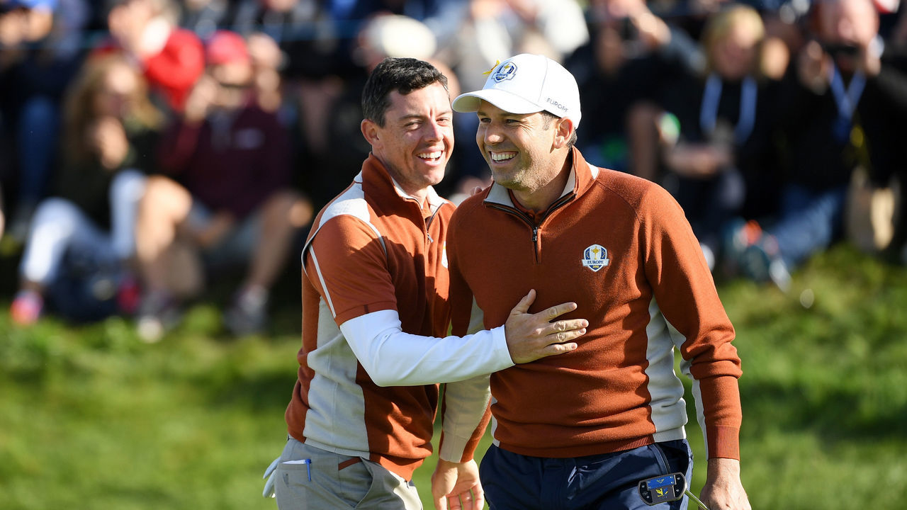 PARIS, FRANCE - SEPTEMBER 29: Sergio Garcia of Europe and Rory McIlroy of Europe celebrate during the morning fourball matches of the 2018 Ryder Cup at Le Golf National on September 29, 2018 in Paris, France.