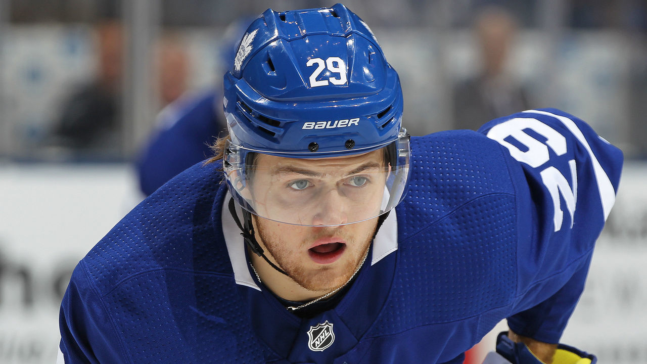 TORONTO, ON - APRIL 19: William Nylander #29 of the Toronto Maple Leafs waits for a faceoff against the Boston Bruins in Game Four of the Eastern Conference First Round in the 2018 Stanley Cup play-offs at the Air Canada Centre on April 19, 2018 in Toronto, Ontario, Canada. The Bruins defeated the Maple Leafs 3-1. *** Local Caption *** William Nylander