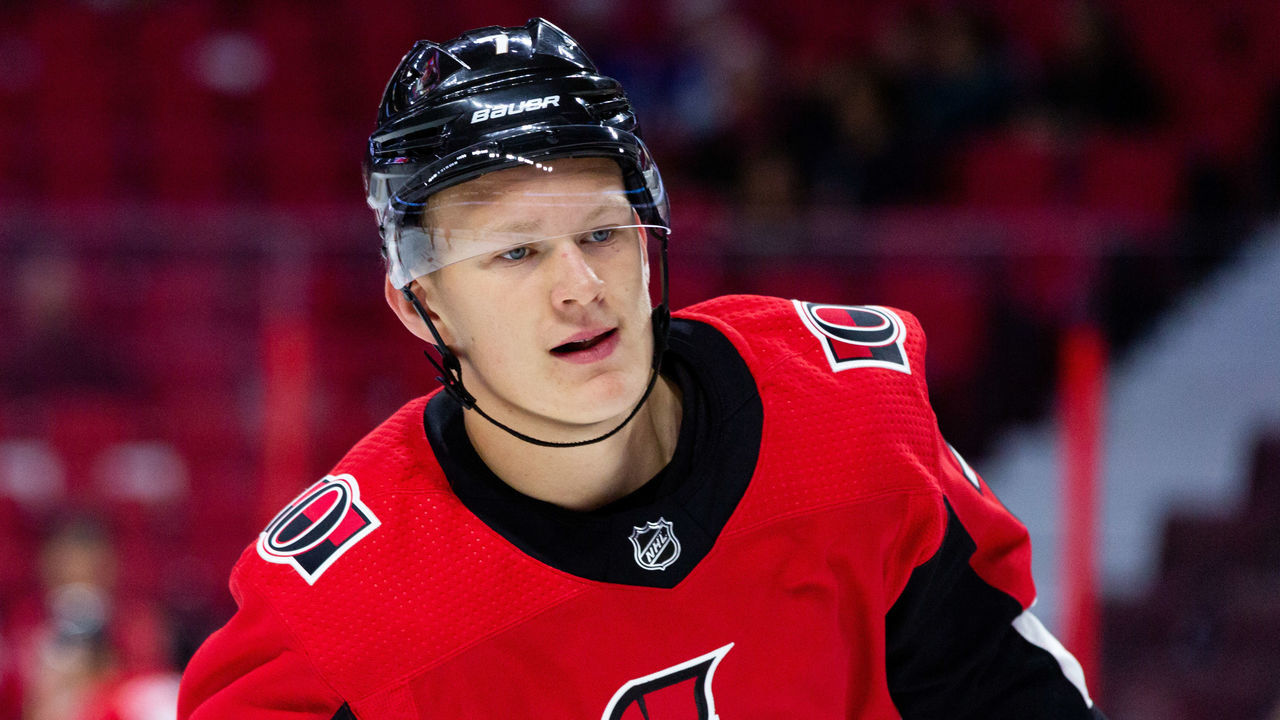 OTTAWA, ON - SEPTEMBER 19: Ottawa Senators left wing Brady Tkachuk (7) participates in drills during warm-up before National Hockey League preseason action between the Toronto Maple Leafs and Ottawa Senators on September 19, 2018, at Canadian Tire Centre in Ottawa, ON, Canada.