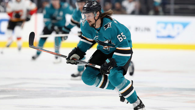 SAN JOSE, CA - SEPTEMBER 27: Erik Karlsson #65 of the San Jose Sharks in action during their preseason game against the Calgary Flames at SAP Center on September 27, 2018 in San Jose, California.