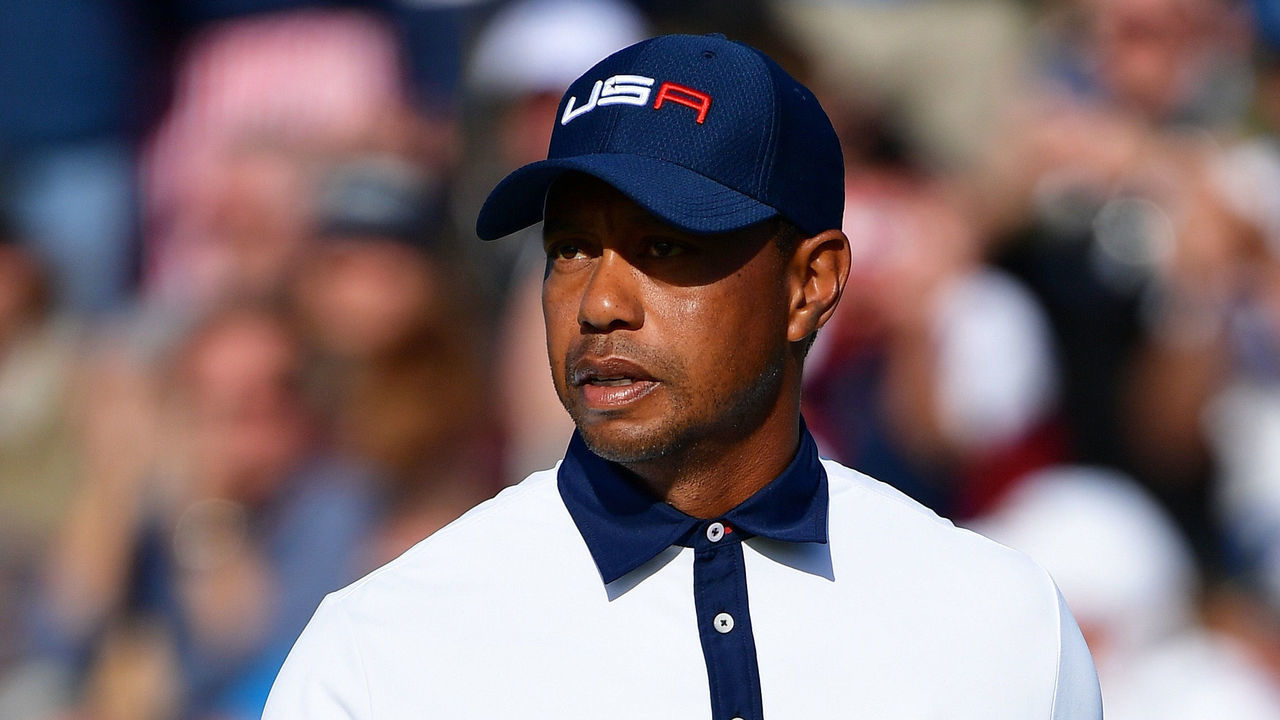 PARIS, FRANCE - SEPTEMBER 29: Tiger Woods of the United States celebrates during the afternoon foursome matches of the 2018 Ryder Cup at Le Golf National on September 29, 2018 in Paris, France.