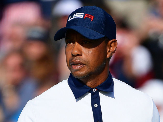 PARIS, FRANCE - SEPTEMBER 29: Tiger Woods of the United States celebrates during the afternoon foursome matches of the 2018 Ryder Cup at Le Golf National on September 29, 2018 in Paris, France.