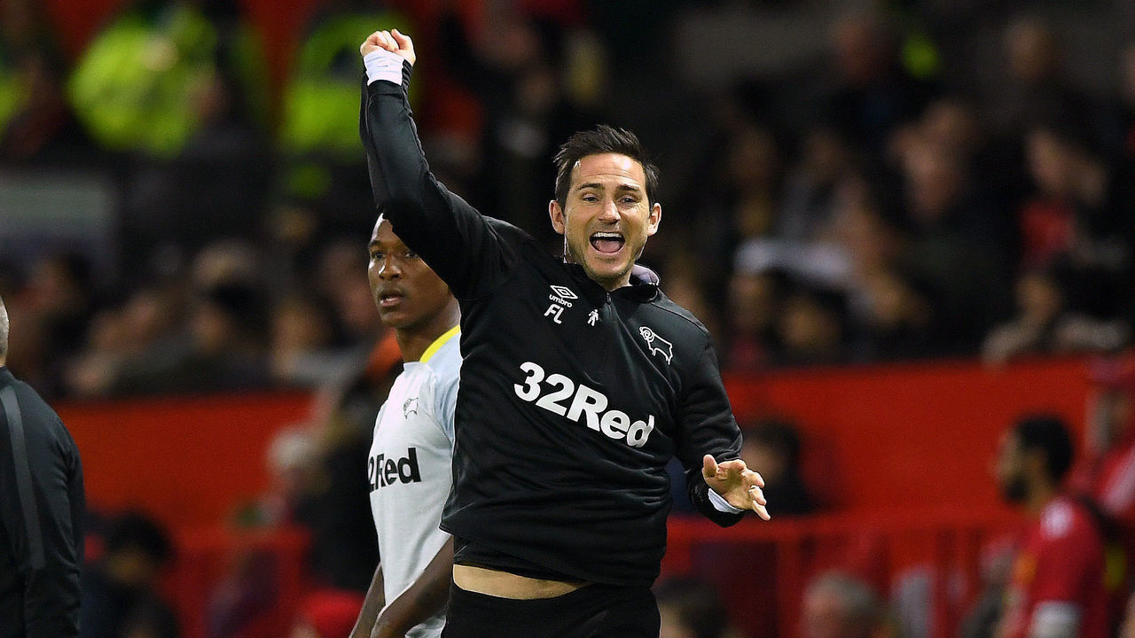 MANCHESTER, ENGLAND - SEPTEMBER 25: Frank Lampard of Derby County celebrates after Jack Marriott of Derby County scores their team's second goal during the Carabao Cup Third Round match between Manchester United and Derby County at Old Trafford on September 25, 2018 in Manchester, England.