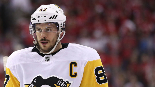 WASHINGTON, DC - MAY 05: Sidney Crosby #87 of the Pittsburgh Penguins looks on against the Washington Capitals during the first period in Game Five of the Eastern Conference Second Round during the 2018 NHL Stanley Cup Playoffs at Capital One Arena on May 5, 2018 in Washington, DC.