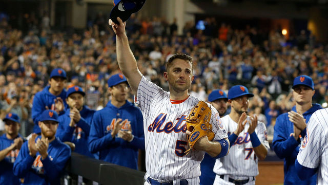 NEW YORK, NY - SEPTEMBER 29: (EDITORS NOTE: Retransmission with alternate crop.) David Wright #5 of the New York Mets acknowledges the crowd as he is removed from the final game of his career during the fifth inning against the Miami Marlins at Citi Field on September 29, 2018 in the Flushing neighborhood of the Queens borough of New York City.