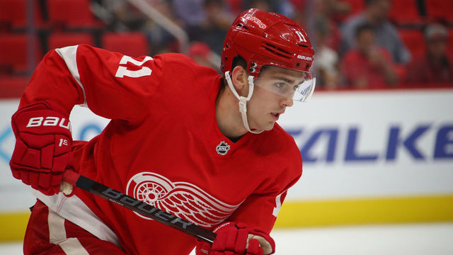 DETROIT, MI - SEPTEMBER 20: Filip Zadina #11 of the Detroit Red Wings skates against the Chicago Blackhawks during a pre season game at Little Caesars Arena on September 20, 2018 in Detroit, Michigan.