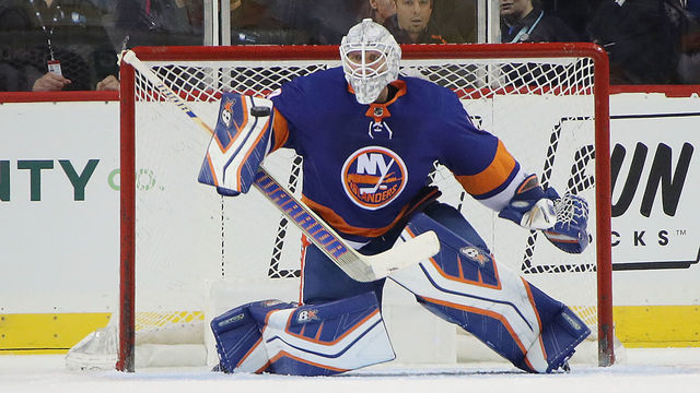 NEW YORK, NEW YORK - SEPTEMBER 18: Robin Lehner #40 of the New York Islanders makes the second period blocker save against the Philadelphia Flyers at the Barclays Center on September 18, 2018 in the Brooklyn borough of New York City.