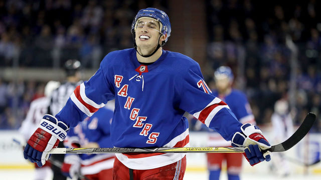 NEW YORK, NY - MARCH 20: Brady Skjei #76 of the New York Rangers reacts after a goal by the Columbus Blue Jackets in the third period during their game at Madison Square Garden on March 20, 2018 in New York City.