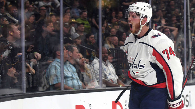 LAS VEGAS, NV - MAY 28: John Carlson #74 of the Washington Capitals celebrates his second-period goal against the Vegas Golden Knights in Game One of the 2018 NHL Stanley Cup Final at T-Mobile Arena on May 28, 2018 in Las Vegas, Nevada.
