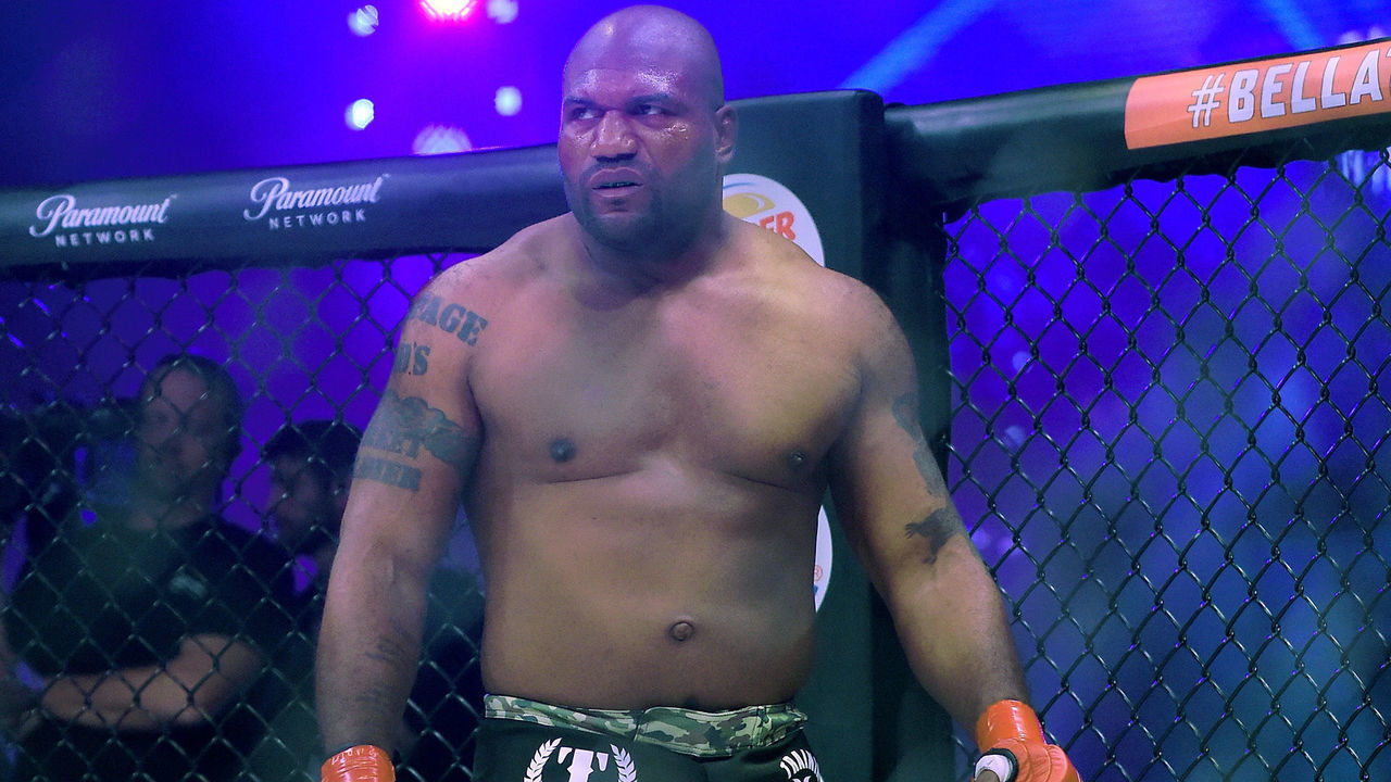 INGLEWOOD, CA - JANUARY 20: Quinton Jackson (red gloves) in the cage as he is introduced for his Heavyweight World Title fight at Bellator 192 against hael Sonnen (not pictured) at The Forum on January 20, 2018 in Inglewood, California.