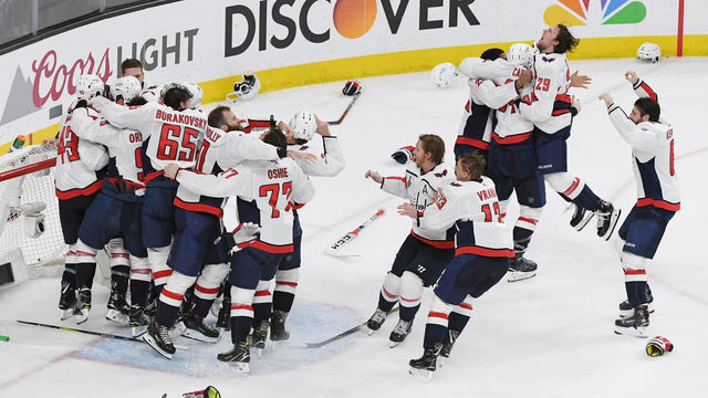 LAS VEGAS, NV - JUNE 07: The Washington Capitals celebrate their 4-3 victory over the Vegas Golden Knights to win the Stanley Cup in Game Five of the 2018 NHL Stanley Cup Final at T-Mobile Arena on June 7, 2018 in Las Vegas, Nevada.