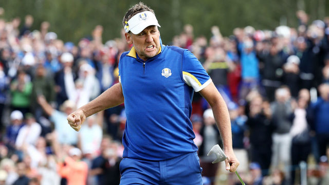 PARIS, FRANCE - SEPTEMBER 30: Ian Poulter of Europe celebrates winning his match on the 18th during singles matches of the 2018 Ryder Cup at Le Golf National on September 30, 2018 in Paris, France.