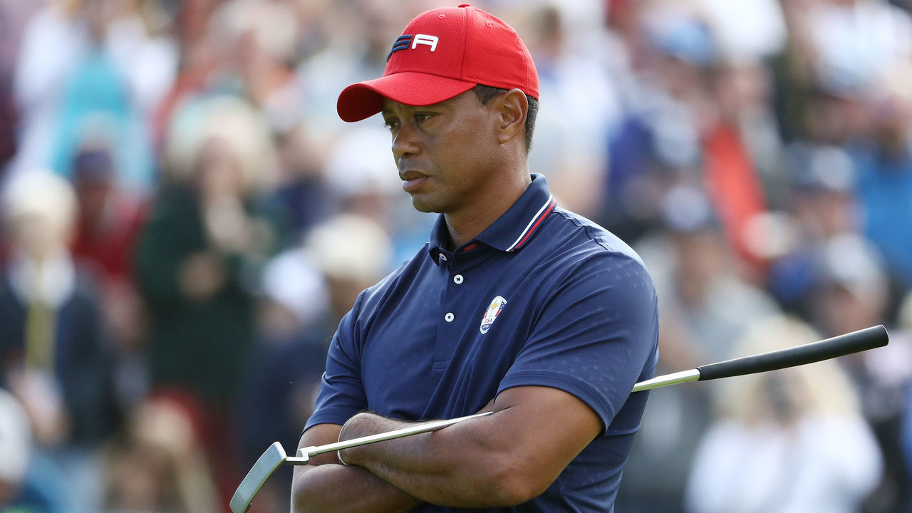 PARIS, FRANCE - SEPTEMBER 30: Tiger Woods of the United States reacts during singles matches of the 2018 Ryder Cup at Le Golf National on September 30, 2018 in Paris, France.
