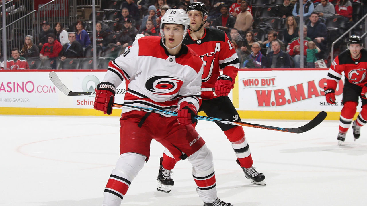NEWARK, NJ - MARCH 27: Sebastian Aho #20 of the Carolina Hurricanes skates against the New Jersey Devils at the Prudential Center on March 27, 2018 in Newark, New Jersey.