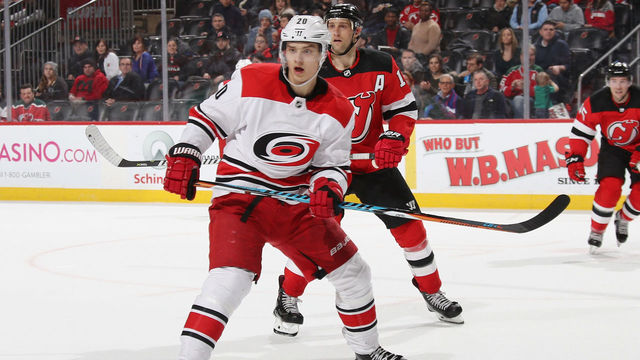NEWARK, NJ - MARCH 27: Sebastian Aho #20 of the Carolina Hurricanes skates against the New Jersey Devils at the Prudential Center on March 27, 2018 in Newark, New Jersey.