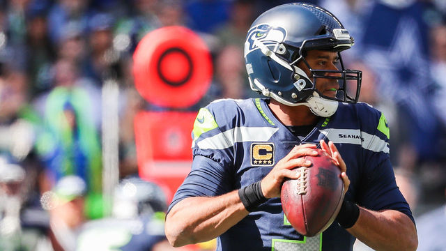 SEATTLE, WA - SEPTEMBER 23: Quarterback Russell Wilson #3 of the Seattle Seahawks passes against the Dallas Cowboys at CenturyLink Field on September 23, 2018 in Seattle, Washington.