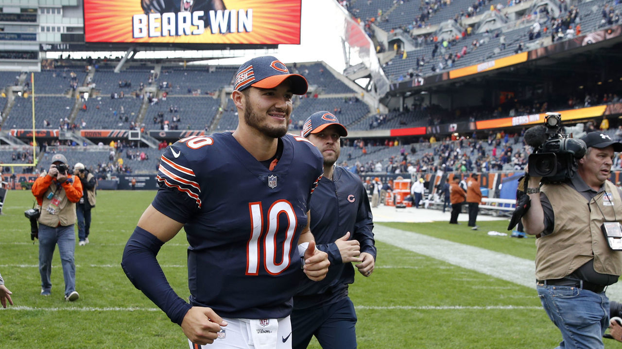 CHICAGO, IL - SEPTEMBER 30: Quarterback Mitchell Trubisky #10 of the Chicago Bears runs off of the field after defeating the Tampa Bay Buccaneers 48-10 at Soldier Field on September 30, 2018 in Chicago, Illinois.