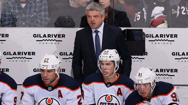 GLENDALE, AZ - JANUARY 12: Head coach Todd McLellan of Edmonton Oilers watches from the bench during the first period of the NHL game against the Arizona Coyotes at Gila River Arena on January 12, 2018 in Glendale, Arizona.