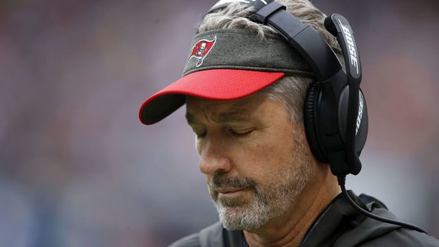 CHICAGO, IL - SEPTEMBER 30: Head coach Dirk Koetter of the Tampa Bay Buccaneers reacts to another touchdown by the Chicago Bears in the second quarter at Soldier Field on September 30, 2018 in Chicago, Illinois.