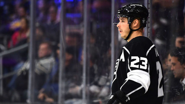 LOS ANGELES, CA - NOVEMBER 16: Dustin Brown #23 of the Los Angeles Kings waits during a stop in play against the Boston Bruins at Staples Center on November 16, 2017 in Los Angeles, California.