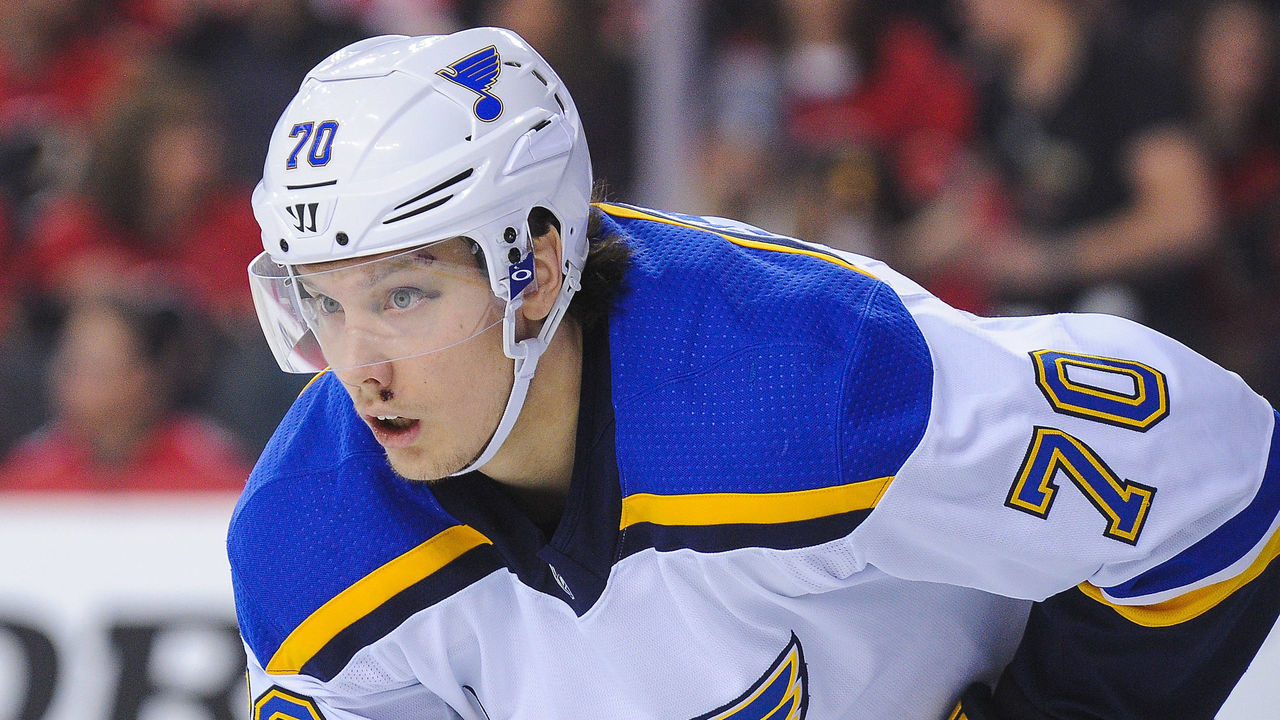 CALGARY, AB - NOVEMBER 13: Oskar Sundqvist #70 of the St Louis Blues in action against the Calgary Flames during an NHL game at Scotiabank Saddledome on November 13, 2017 in Calgary, Alberta, Canada.