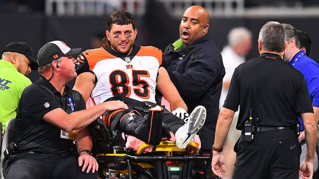 ATLANTA, GA - SEPTEMBER 30: Tyler Eifert #85 of the Cincinnati Bengals is carted off the field after an injury during the third quarter against the Atlanta Falcons at Mercedes-Benz Stadium on September 30, 2018 in Atlanta, Georgia.