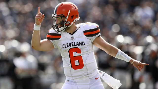 OAKLAND, CA - SEPTEMBER 30: Baker Mayfield #6 of the Cleveland Browns reacts after the Browns scored a two-point conversion against the Oakland Raiders at Oakland-Alameda County Coliseum on September 30, 2018 in Oakland, California.