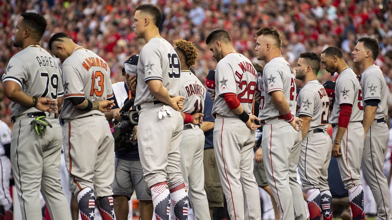 WASHINGTON, DC - JULY 17: J.D. Martinez #28 and Mookie Betts #50 of the Boston Red Sox are introduced before the 89th MLB All-Star Game at Nationals Park Tuesday, July 17, 2018 in Washington, DC.