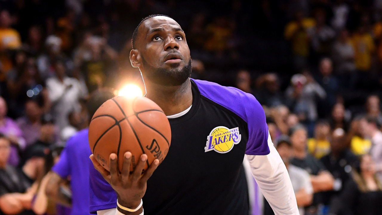 SAN DIEGO, CA - SEPTEMBER 30: LeBron James #23 of the Los Angeles Lakers warms up before a preseason game against the Denver Nuggets at Valley View Casino Center on September 30, 2018 in San Diego, California.