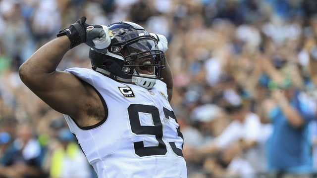 JACKSONVILLE, FL - SEPTEMBER 30: Calais Campbell #93 of the Jacksonville Jaguars celebrates a safety during the second half against the New York Jets at TIAA Bank Field on September 30, 2018 in Jacksonville, Florida.