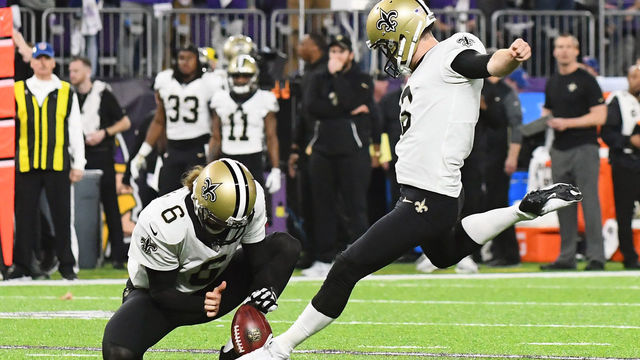 MINNEAPOLIS, MN - JANUARY 14: New Orleans Saints place kicker Wil Lutz (3) kicks an extra point as New Orleans Saints punter Thomas Morstead (6) holds during a NFC Divisional Playoff game between the Minnesota Vikings and New Orleans Saints on January 14, 2018 at U.S. Bank Stadium in Minneapolis, MN. The Vikings defeated the Saints 29-24 to advance to the NFC Championship Game.