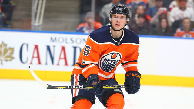 Edmonton Oilers Right Wing Kailer Yamamoto (56) watches the play in the third period during the Edmonton Oilers game versus the Detroit Red Wings at Rogers Place in EDMONTON, AB - NOVEMBER 05, 2017: