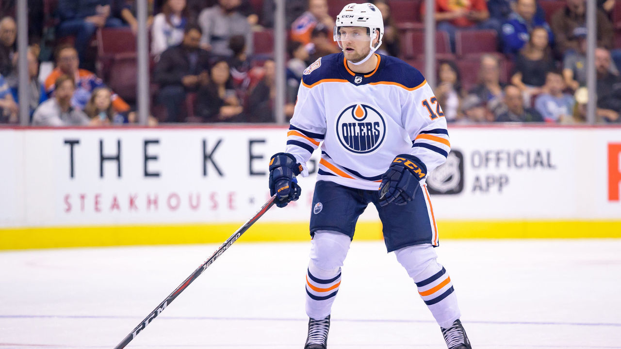 VANCOUVER, BC - SEPTEMBER 18: Edmonton Oilers defenseman Jakub Jerabek (12) skates up ice during their NHL preseason game against the Vancouver Canucksat Rogers Arena on September 18, 2018 in Vancouver, British Columbia, Canada. Edmonton won 4-2.