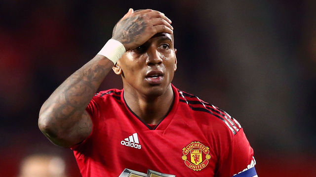 MANCHESTER, ENGLAND - SEPTEMBER 25: Ashley Young of Manchester United reacts during the Carabao Cup Third Round match between Manchester United and Derby County at Old Trafford on September 25, 2018 in Manchester, England.