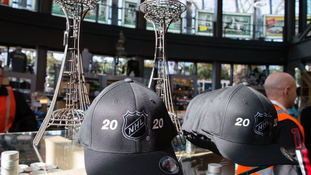 SEATTLE, WA - MARCH 1: Seattle NHL 2020 hats are on display at the Space Needle during the NHL Seattle season ticket deposit drive kickoff on Thursday, March 1, 2018 in Seattle, WA.