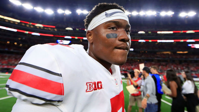 ARLINGTON, TX - SEPTEMBER 15: Dwayne Haskins #7 of the Ohio State Buckeyes walks off the field after beating the TCU Horned Frogs 40-28 during The AdvoCare Showdown at AT&T Stadium on September 15, 2018 in Arlington, Texas.