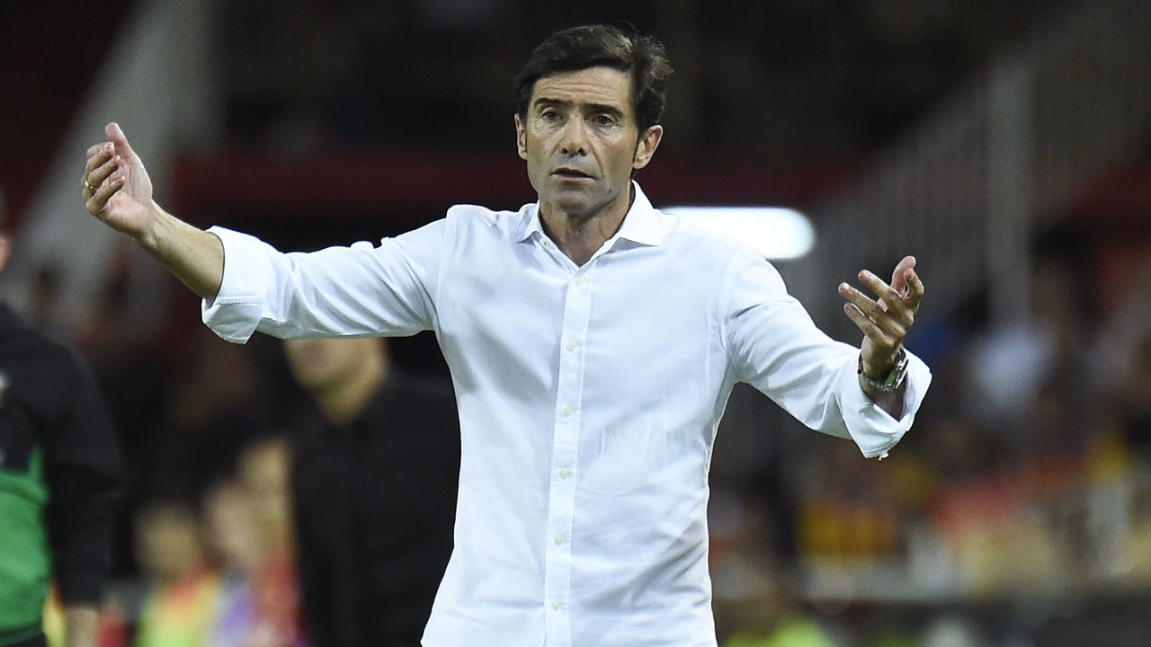 Valencia's Spanish coach Marcelino Garcia Toral reacts during the Spanish League football match between Valencia and Atletico Madrid at the Mestalla Stadium in Valencia on August 20, 2018.