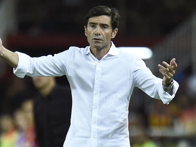 Valencia's Spanish coach Marcelino Garcia Toral reacts during the Spanish League football match between Valencia and Atletico Madrid at the Mestalla Stadium in Valencia on August 20, 2018.