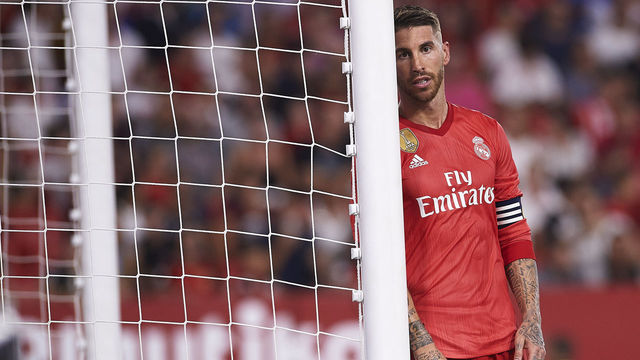 SEVILLE, SPAIN - SEPTEMBER 26: Sergio Ramos of Real Madrid CF reacts during the La Liga match between Sevilla FC and Real Madrid CF at Estadio Ramon Sanchez Pizjuan on September 26, 2018 in Seville, Spain.