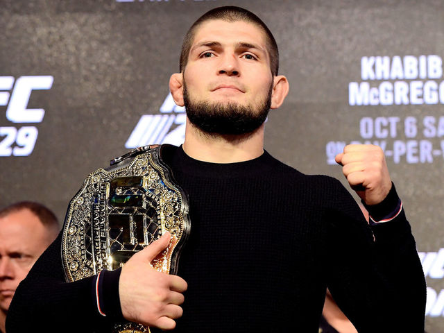 NEW YORK, NY - SEPTEMBER 20: Lightweight Champion Khabib Nurmagomedov poses for photos during the UFC 229 Press Conference at Radio City Music Hall on September 20, 2018 in New York City.
