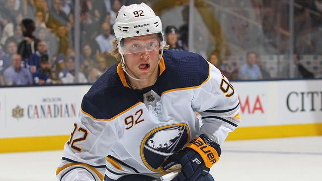 TORONTO,ON - SEPTEMBER 21: Alexander Nylander #92 of the Buffalo Sabres skates against the Toronto Maple Leafs during an NHL pre-season game at Scotiabank Arena on September 21, 2018 in Toronto, Ontario, Canada. The Maple Leafs defeated the Sabres 5-3.