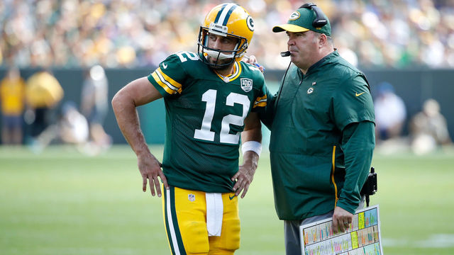 GREEN BAY, WI - SEPTEMBER 16: Aaron Rodgers #12 of the Green Bay Packers talks with head coach Mike McCarthy during the fourth quarter of a game against the Minnesota Vikings at Lambeau Field on September 16, 2018 in Green Bay, Wisconsin.