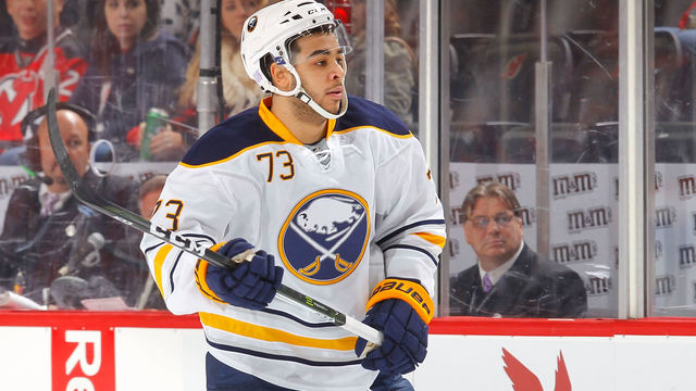NEWARK, NJ - NOVEMBER 12: Nicholas Baptiste #73 of the Buffalo Sabres in action against the New Jersey Devils at the Prudential Center on November 12, 2016 in Newark, New Jersey. The Devils defeated the Sabres 4-2.