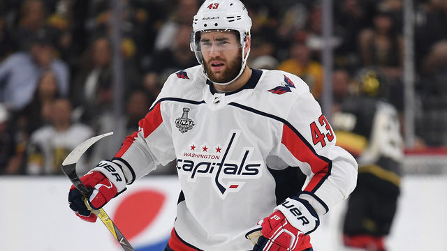 LAS VEGAS, NV - MAY 30: Tom Wilson #43 of the Washington Capitals reacts against the Vegas Golden Knights in Game Two of the 2018 NHL Stanley Cup Final at T-Mobile Arena on May 30, 2018 in Las Vegas, Nevada.