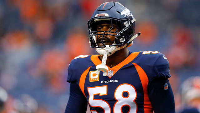 DENVER, CO - OCTOBER 1: Linebacker Von Miller #58 of the Denver Broncos stands on the field before a game against the Kansas City Chiefs at Broncos Stadium at Mile High on October 1, 2018 in Denver, Colorado.